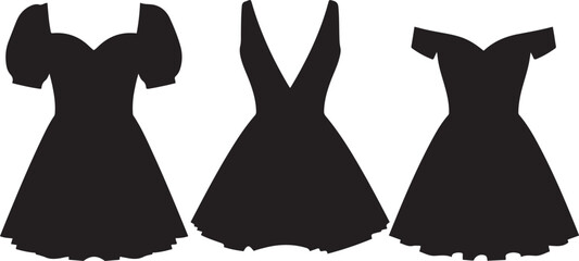 Three Black Silhouettes of Women's Dresses on White Background fashion clothing