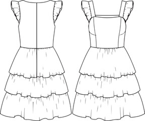 Technical drawing of a ruffled tiered dress front and back view fashion illustration