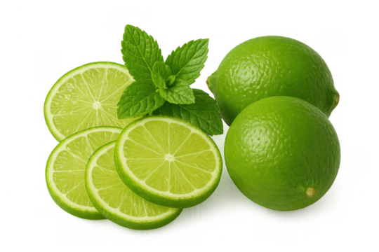 Fresh green limes, whole and sliced, with mint leaves, creating a refreshing citrus concept on a transparent background - Powered by Adobe