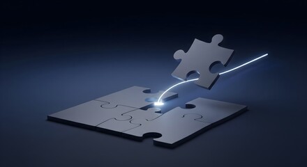 Dark puzzle piece connecting to a solution with a glowing light line, symbolizing problem solving, integration, and teamwork on a blue background.