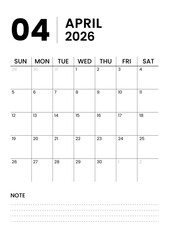 Printable Monthly Calendar Template for April 2026. Minimalist Style Calendar in Portrait Format. Week Starts on Sunday. Calendar Planner for 2026 year.