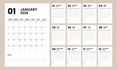 Monthly calendar template for 2026. Printable 2026 calendar with portrait format and minimalist style. Week Starts on Sunday.