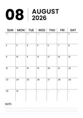 Printable Monthly Calendar Template for August 2026. Minimalist Style Calendar in Portrait Format. Week Starts on Sunday. Calendar Planner for 2026 year.