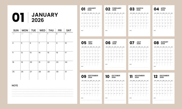 Monthly calendar template for 2026. Printable 2026 calendar with portrait format and minimalist style. Week Starts on Sunday.