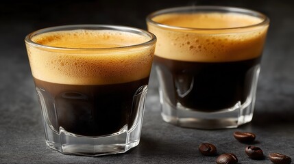 Two clear glasses filled with rich, dark espresso topped with creamy foam, placed on a dark surface, showcasing the beauty of freshly brewed coffee