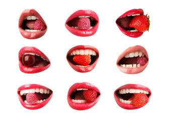 Women holding fresh berries and candies in mouth on white background, closeup. Female lips with different shades of lipstick, collage