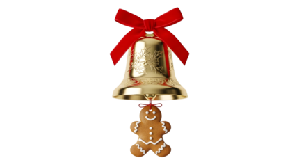 Golden christmas bell with gingerbread man isolated on transparent background