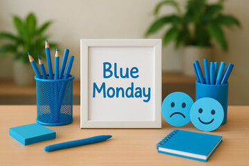 A white frame with blue monday text on a wooden desk surrounded by blue office supplies representing the depressing start of the week