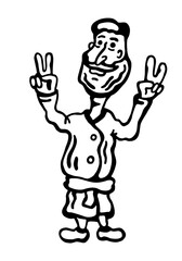 A bearded satisfied man in a bathrobe is cheerfully showing a victory sign with his fingers and smiling. Vector illustration black and white on a white isolated background