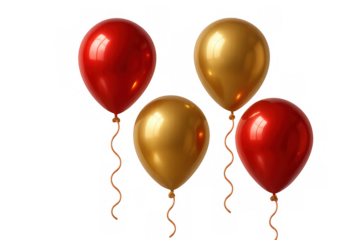 Red and gold party balloons floating, celebrating festive events, anniversaries, birthday, and special occasions on transparent background