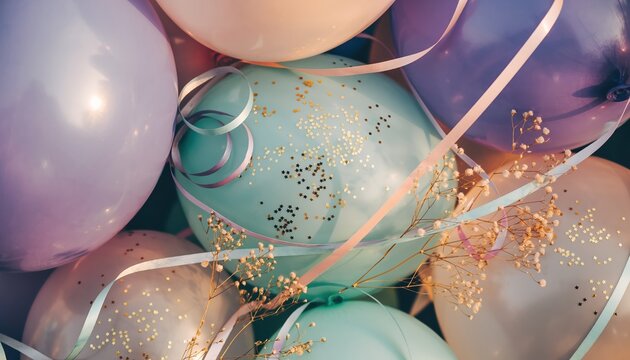 Softly lit pastel balloons with delicate ribbon and glitter for a festive celebration or party.