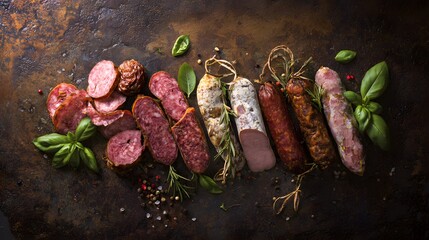 Hearty charcuterie display of sausages salami and smoked meats on rustic stone surface