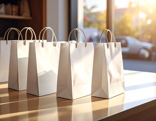 Row of blank shopping bags on a table in front of a store window