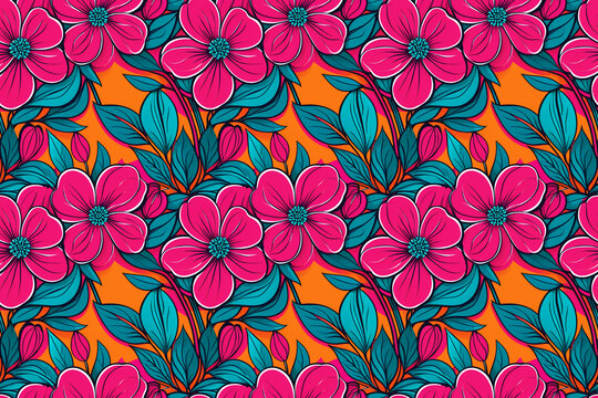 Colorful seamless abstract floral pattern, stylized vibrant flowers. Ideal for accessories, brand packaging, home decor, computer wallpapers.