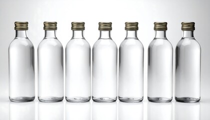 Row of clear glass bottles with metal caps