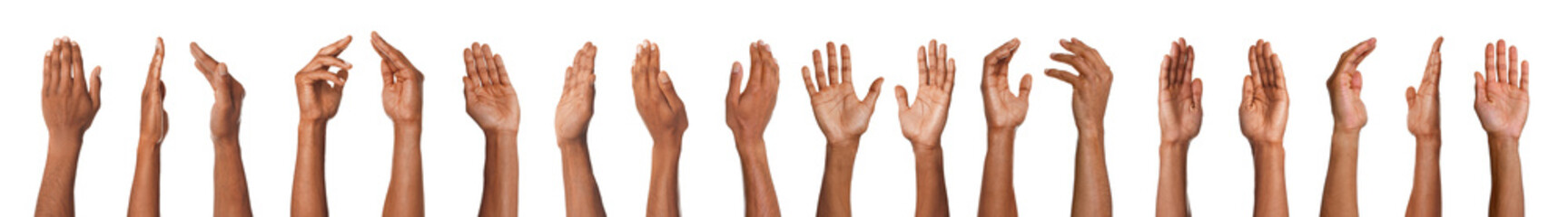 Man showing hand on white background, set. Different sides
