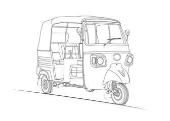 CNG line art, detailed black and white line art illustration of an auto rickshaw,
also known as a CNG or tuk tuk. Perfect for transport design, city illustration,
coloring books, vector art,