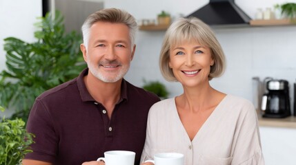 Happy senior couple smiling enjoying coffee at home
