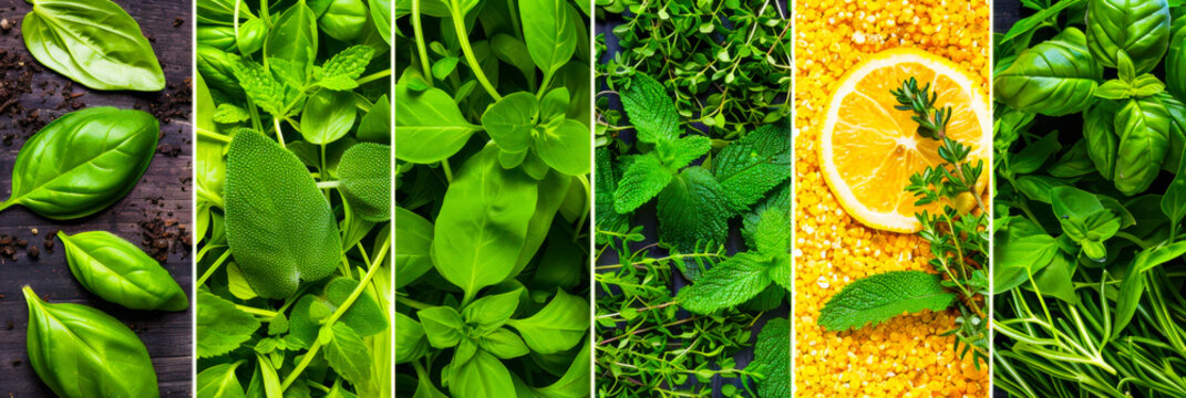 Fresh herbs and greens arranged in a vibrant display showcasing various textures and colors in a culinary setting - Powered by Adobe