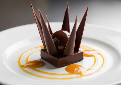 A decadent chocolate dessert with a glossy sphere and chocolate shards, artfully presented on a white plate with a swirl of caramel sauce