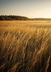Naklejka premium A soft, invisible current of air flows gently through a vast sunlit meadow, causing the tall, dry golden field grass to sway and ripple harmoniously ,wind ,flowing ,natural