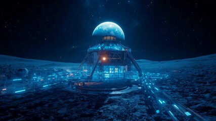 Advanced lunar research base glowing with blue lights on a rocky moon surface beneath a rising planet, showcasing space exploration and high-tech habitation design - Powered by Adobe