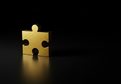 A solitary metallic golden jigsaw puzzle piece rests dramatically centered on a dark black background, highlighting themes of solution and missing parts ,puzzle ,piece ,edge