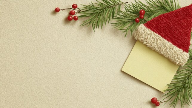 A christmas card template with an empty yellow sticky note and pine branches, a red knitted santa hat, and green leaves on the a beige paper background. 