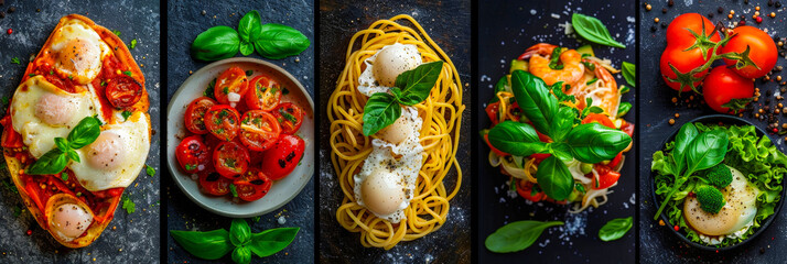 Fototapeta premium Colorful presentation of various Italian pasta dishes with fresh ingredients and herbs on a dark background