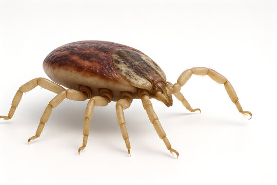 Photorealistic 3D anatomy of hard tick (Ixodes scapularis) dorsal view, distinct scutum, ornate capitulum, eight legs with segmented tarsi and paired claws, spiracular plates visible