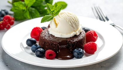 Chocolate lava cake with vanilla ice cream and berries on a plate.
