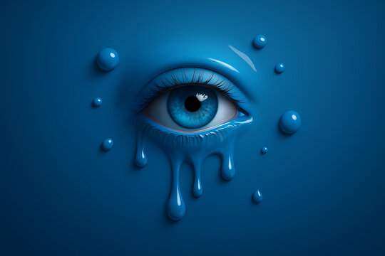 Blue monday artistic and conceptual image of a human eye crying thick blue paint drops creating a surreal and melancholy liquid art representation of sadness