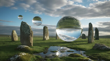 Dreamscape landscape with stone monoliths and floating crystal balls for fantasy art and surreal concept 3d