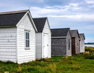Row of small, whitewashed cottages under a cloudy sky