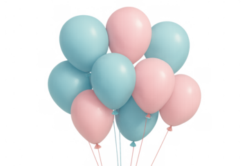 Pink and blue pastel balloons floating, creating a festive atmosphere for gender reveal, baby shower, or birthday celebration