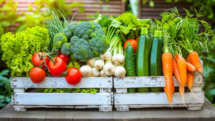 Freshly harvested vegetables arranged in wooden crates at a garden in summer