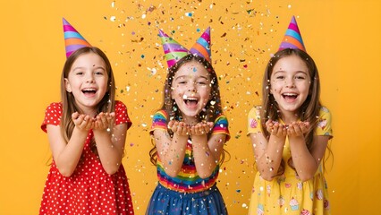 Happy Birthday Girls Blowing Colorful Confetti Celebration