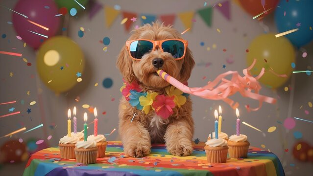 Funny Dog Birthday Party with Colorful Confetti Celebration