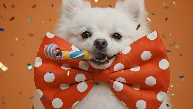Cute Dog Celebrating Against Bright Orange Background