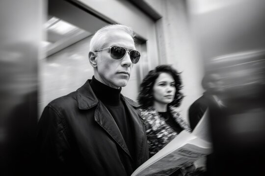 Man in sunglasses walking with woman, urban surveillance concept - Powered by Adobe