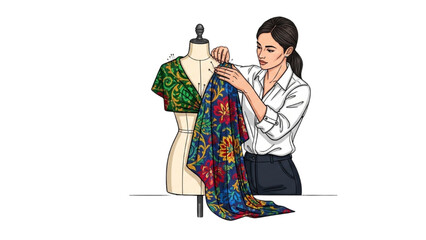 Fashion Designer Adjusting Fabric on Dress Form — Black Outline Colorful Realistic Art on White Background