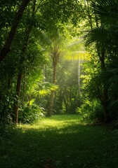 Fototapeta premium Lush, sun-drenched tropical jungle landscape during the hot season, showing vibrant green foliage and bright colors ,bright ,season ,jungle
