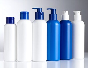 Row of white and blue plastic bottles