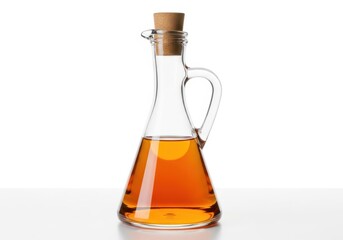 Glass bottle with handle and cork filled with amber liquid