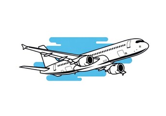 Fototapeta premium Line art illustration of a modern passenger airplane flying through blue abstract clouds