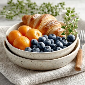 Desayuno cuadrado bajo un toldo solar con frutas frescas y croissant
