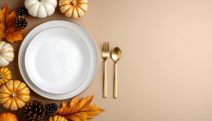 Autumn dinner plate with golden cutlery high resolution photo