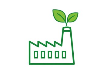 Green icon of a factory building with two leaves growing from the chimney, symbolizing ecofriendly industry