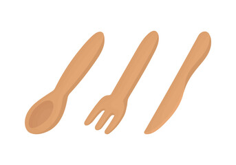 Wooden spoon, fork, and knife set. Kitchen utensils. Table setting elements. Environmentally friendly concept.