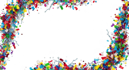 Colorful confetti and water splash frame view isolated illuustration on transparent background